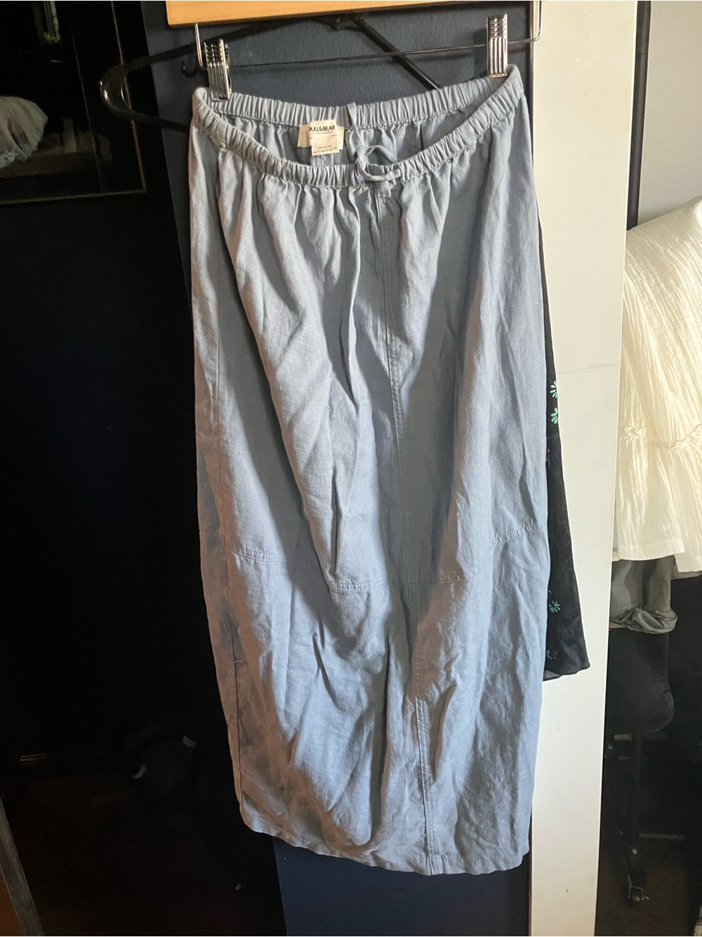 Light Blue Linen blend Drawstring Casual Skirt